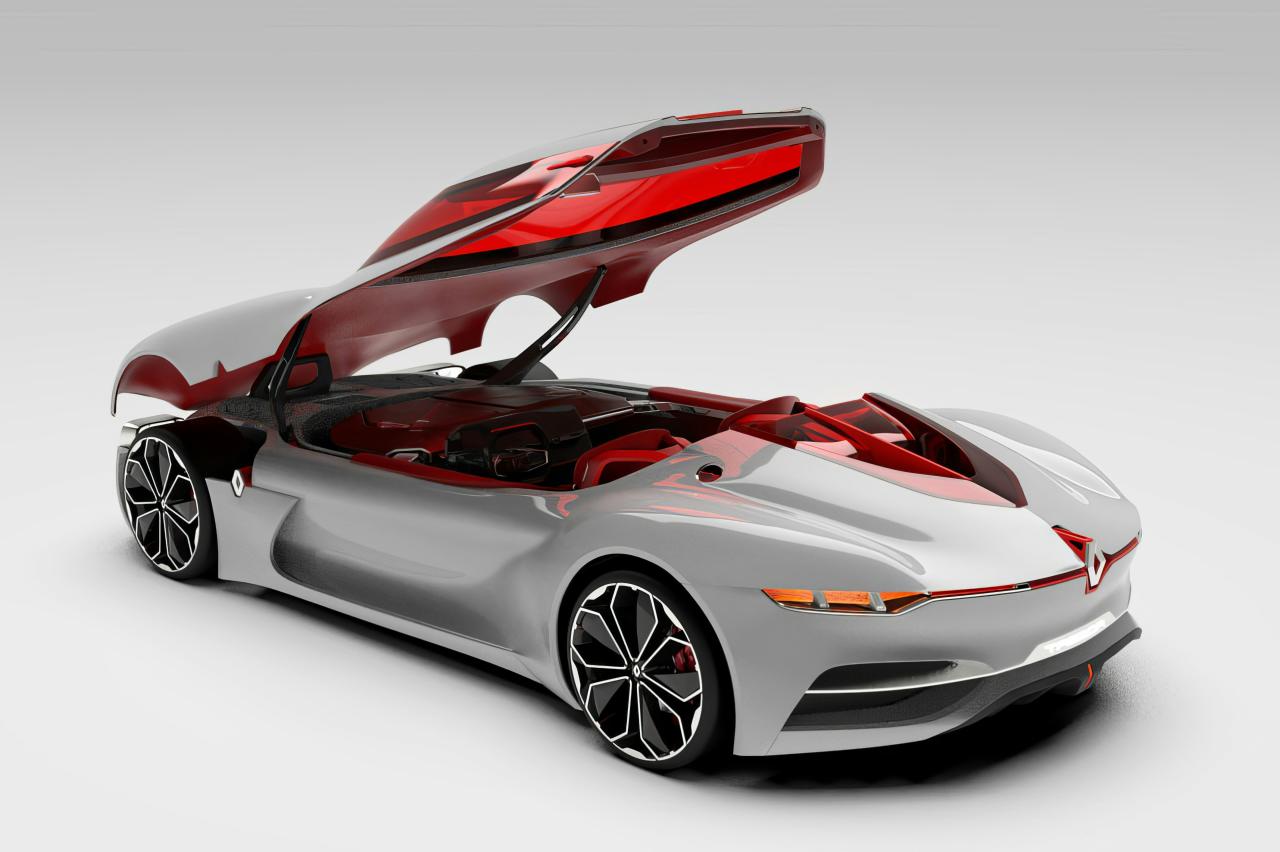 Mobil sport perak dan merah dengan kap mesin terbuka